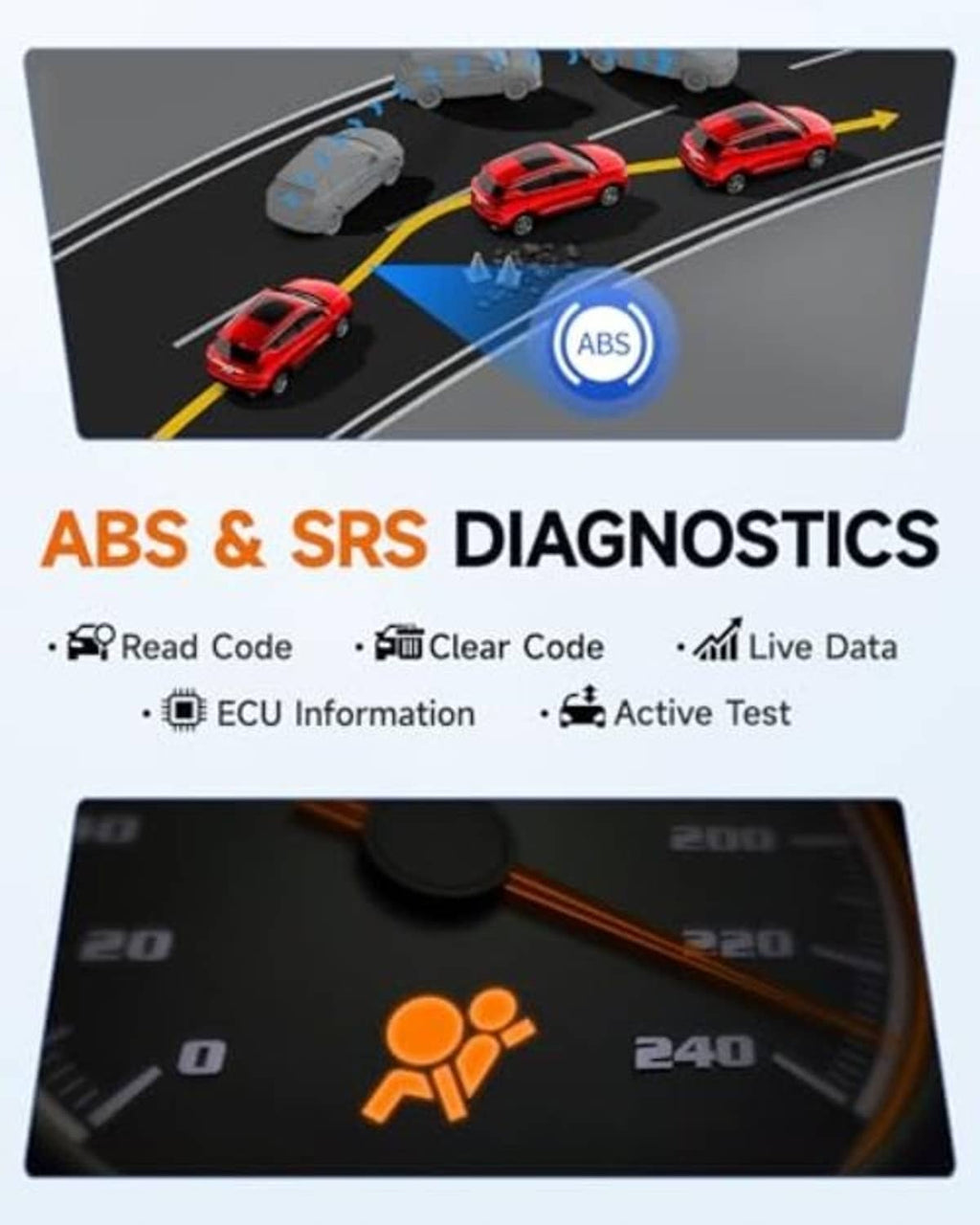 ABS & SRS diagnostics graphic with vehicle icon and menu-style diagnostic actions