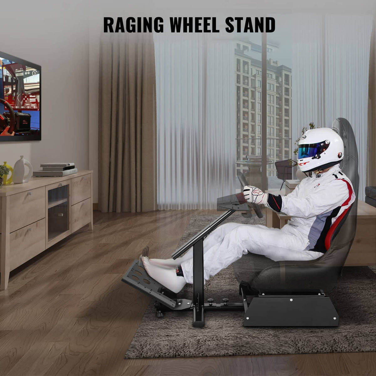 Racing simulator wheel stand with gray seat and cockpit tray setup in a room