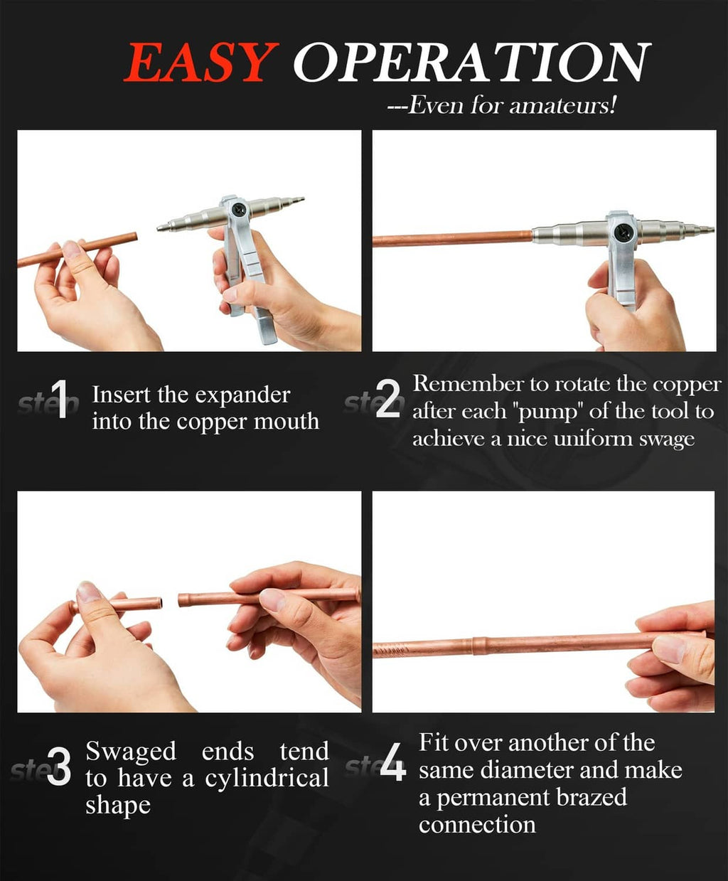Wisscool tube expander swaging tool on copper pipe, silver head held by hand