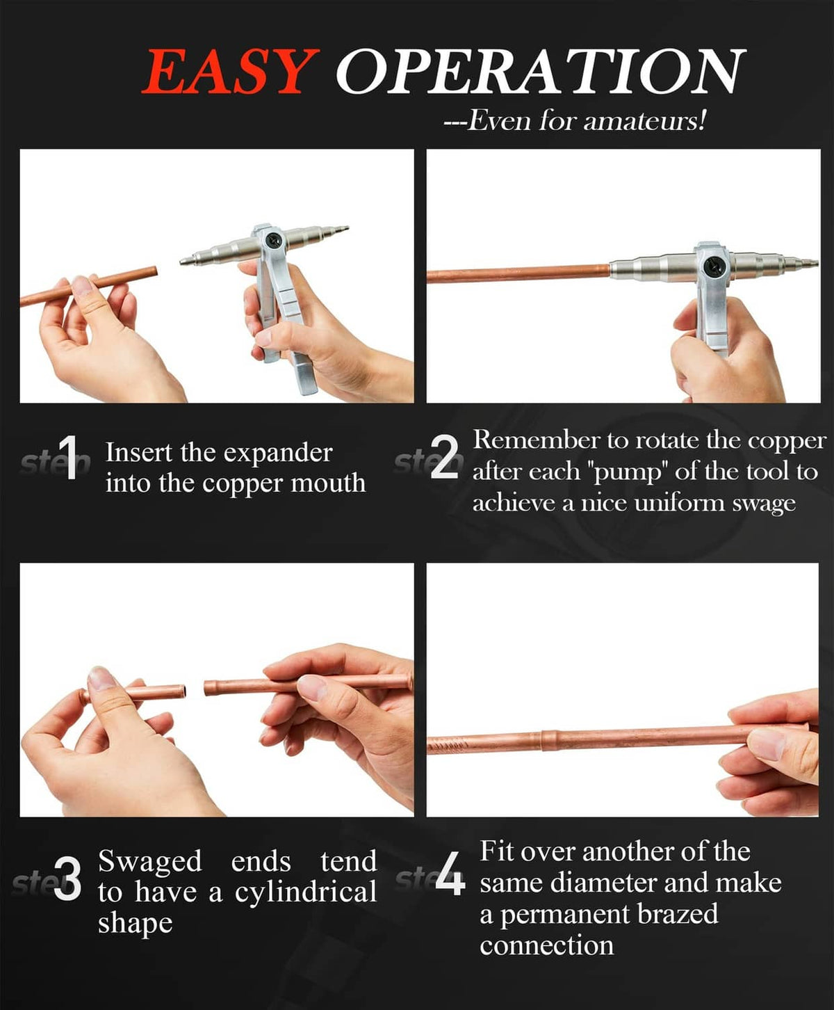 Wisscool tube expander swaging tool on copper pipe, silver head held by hand