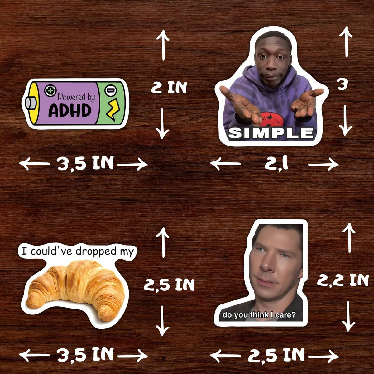 Measurement layout for small meme stickers, showing sizes in inches and multiple designs