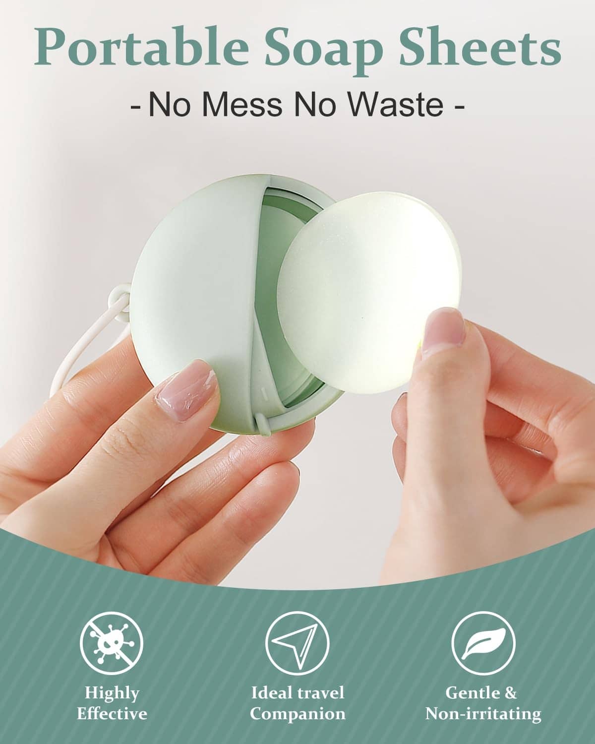 Hands holding mint and white portable soap sheet cases, with hinged round lids