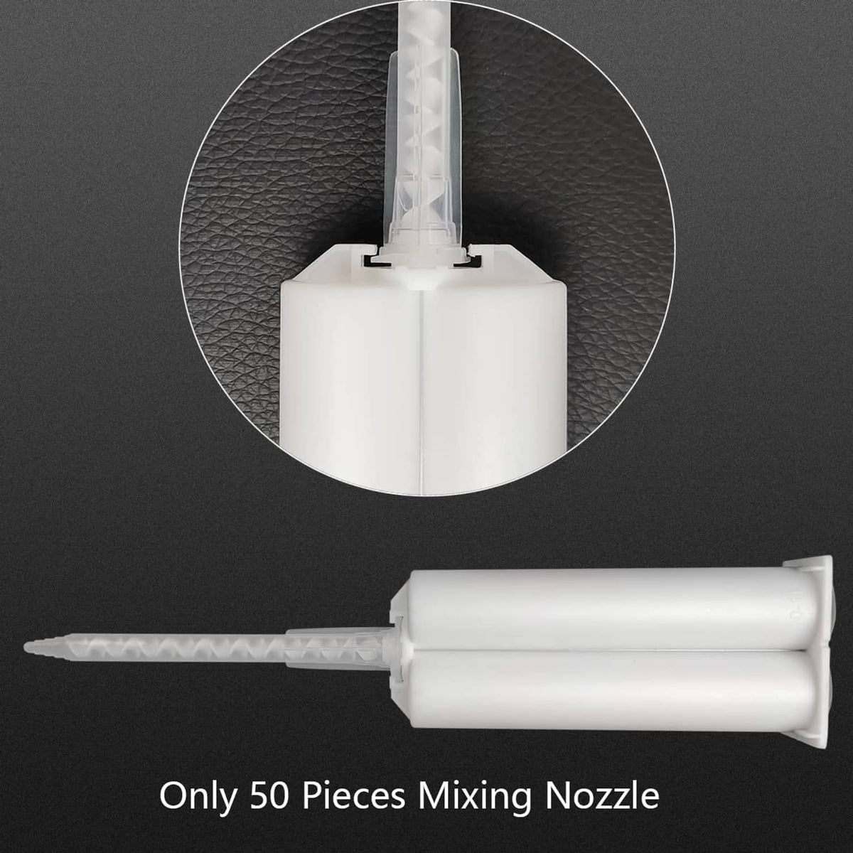 Static mixer nozzle tip for epoxy with cylindrical body and internal mixing vanes