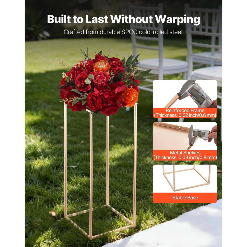 Gold-tone flower stand with red faux bouquet and reinforced rectangular frame