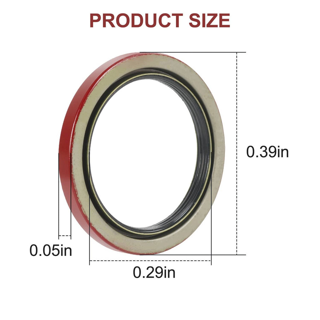 Oil seal with red outer rubber and black metal ring, shown with size dimensions