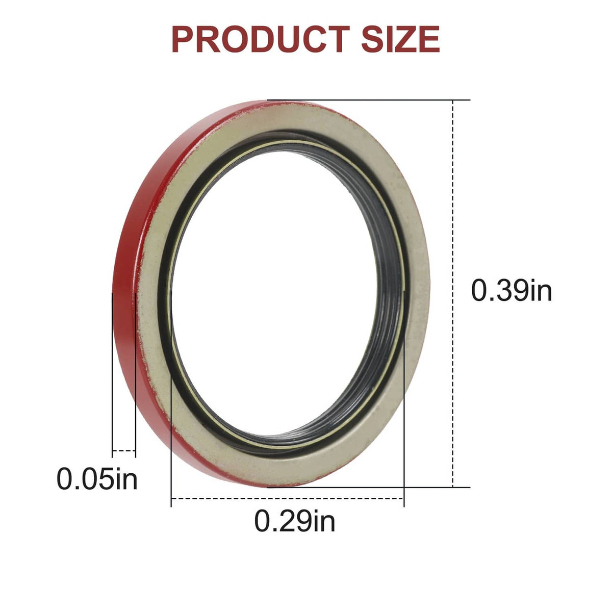 Oil seal with red outer rubber and black metal ring, shown with size dimensions