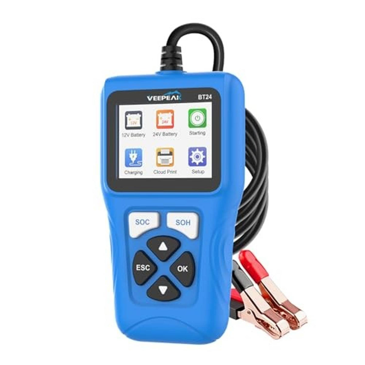 Blue VEEPEAK VBT24 battery tester showing screen icons with red-black battery clamps