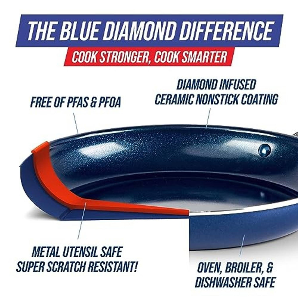 Blue diamond-infused skillet with speckled nonstick surface and raised rim detail
