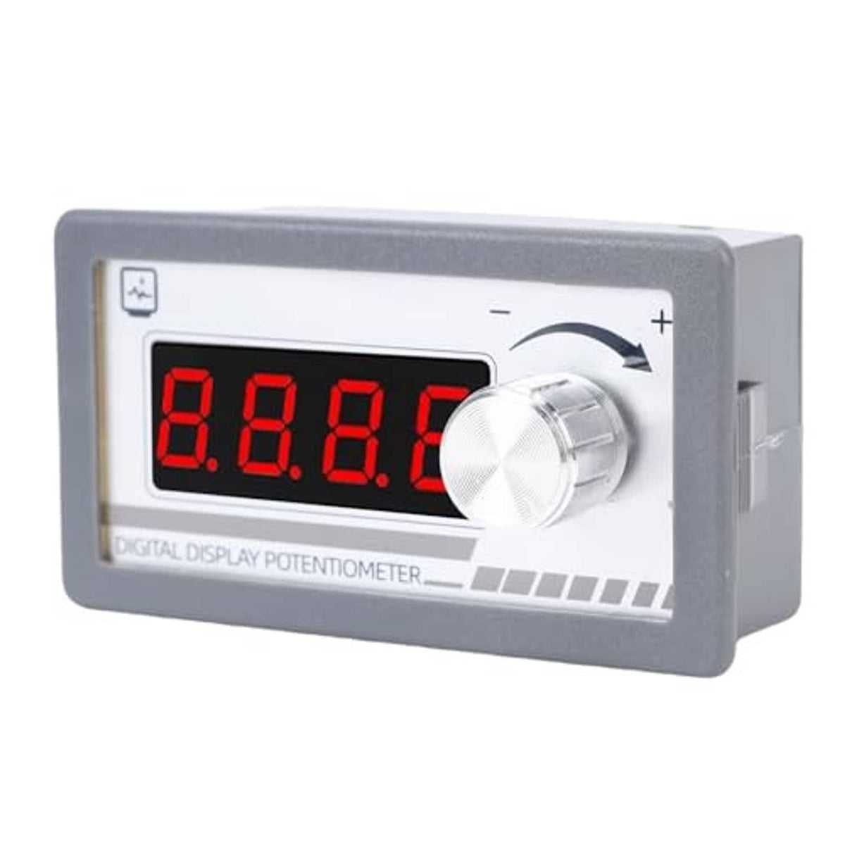 Digital display potentiometer with red LED digits 8.8.8.8 and large silver adjustment knob, gray