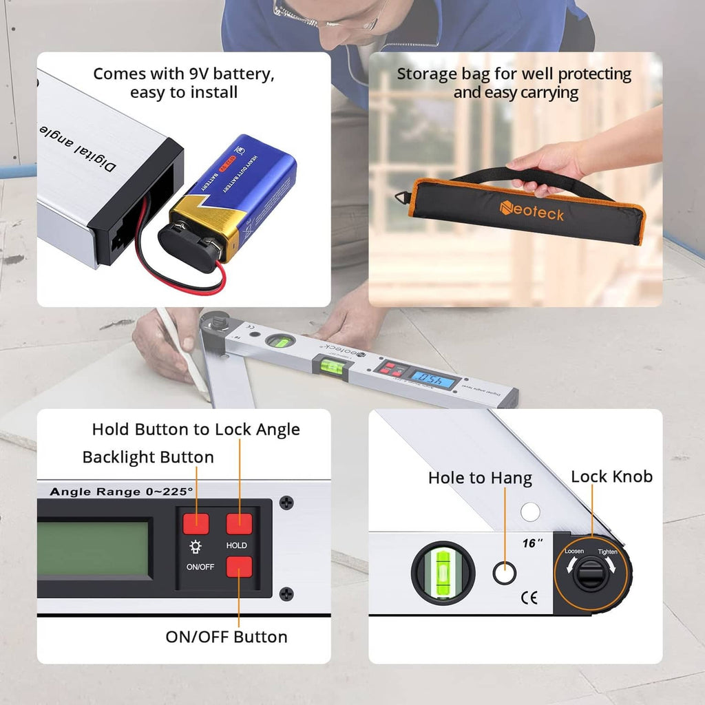 Digital angle level with storage case, backlit button controls, and battery power