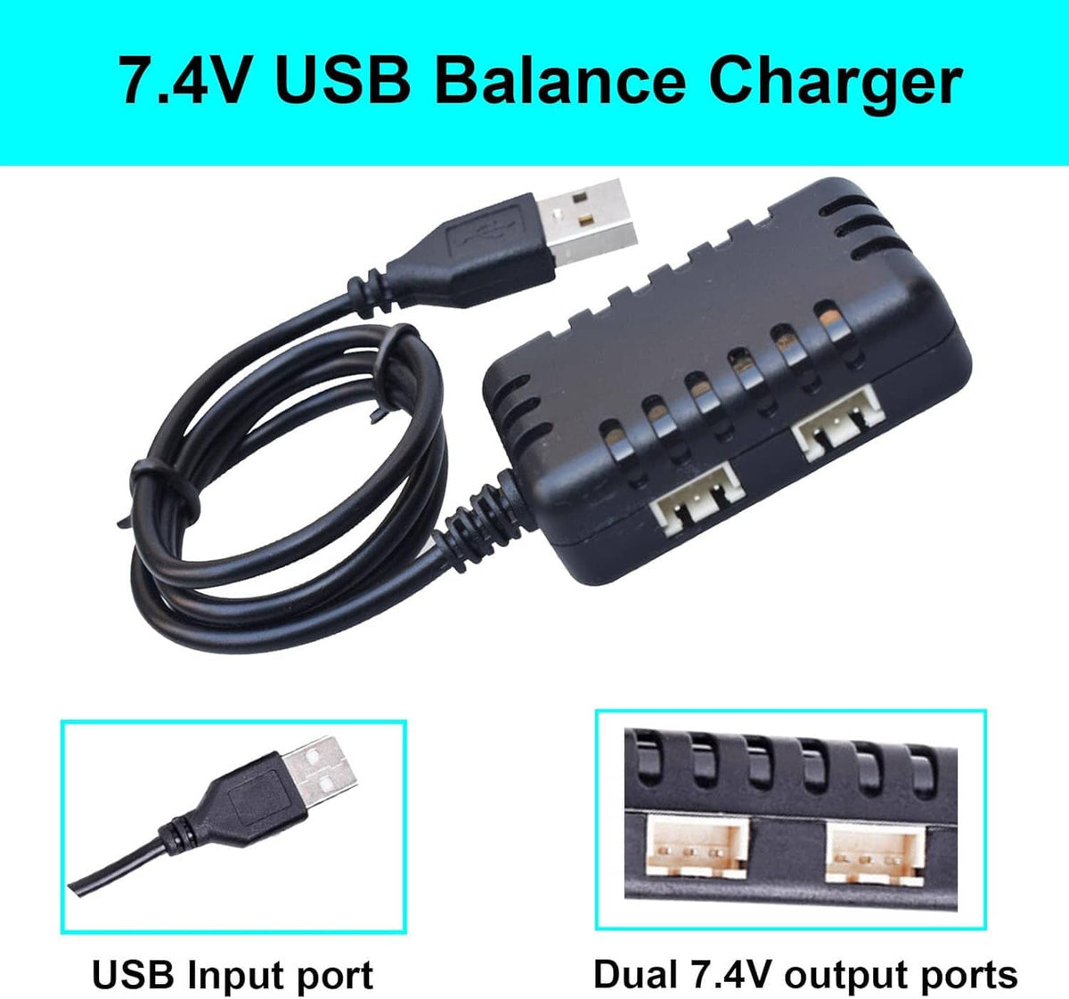 7.4V USB balance charger with USB input and dual 2-output ports