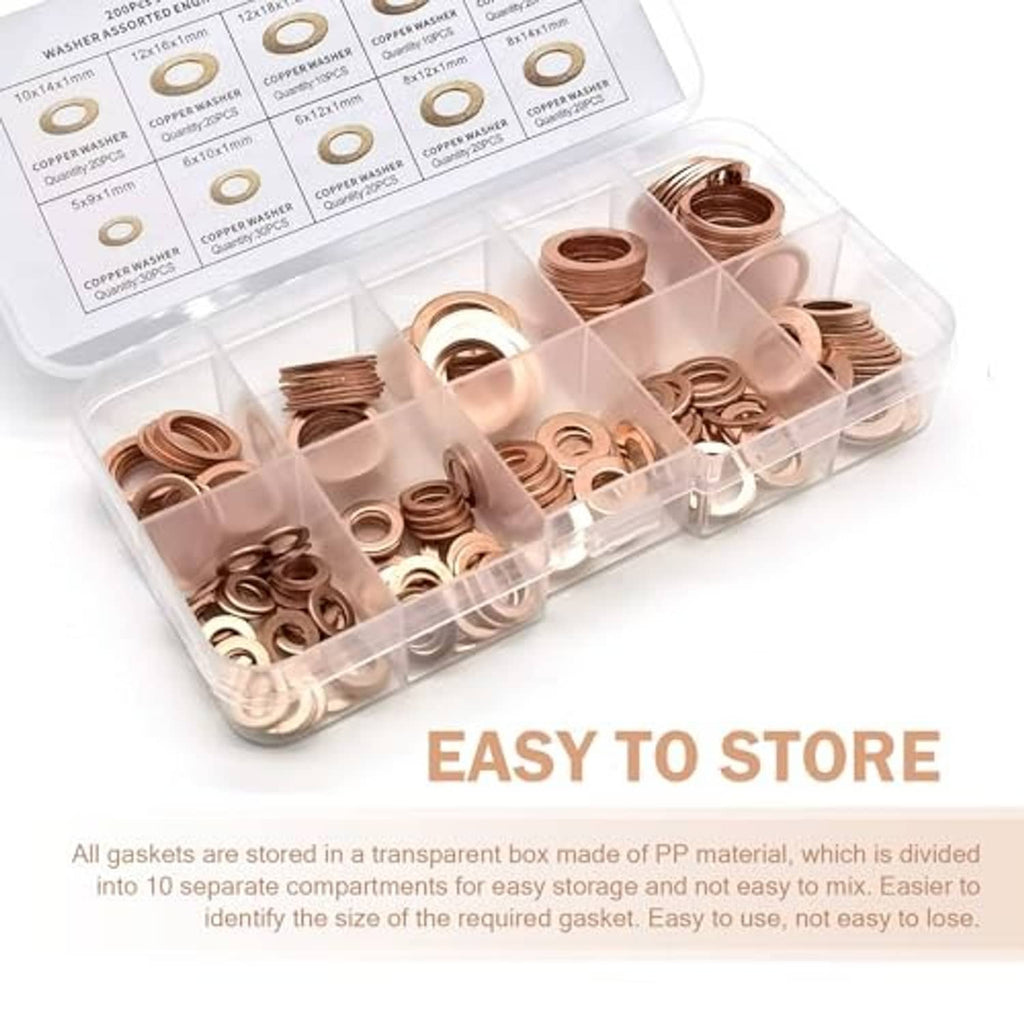 Copper crush washer assortment in clear organizer with labeled size reference panel