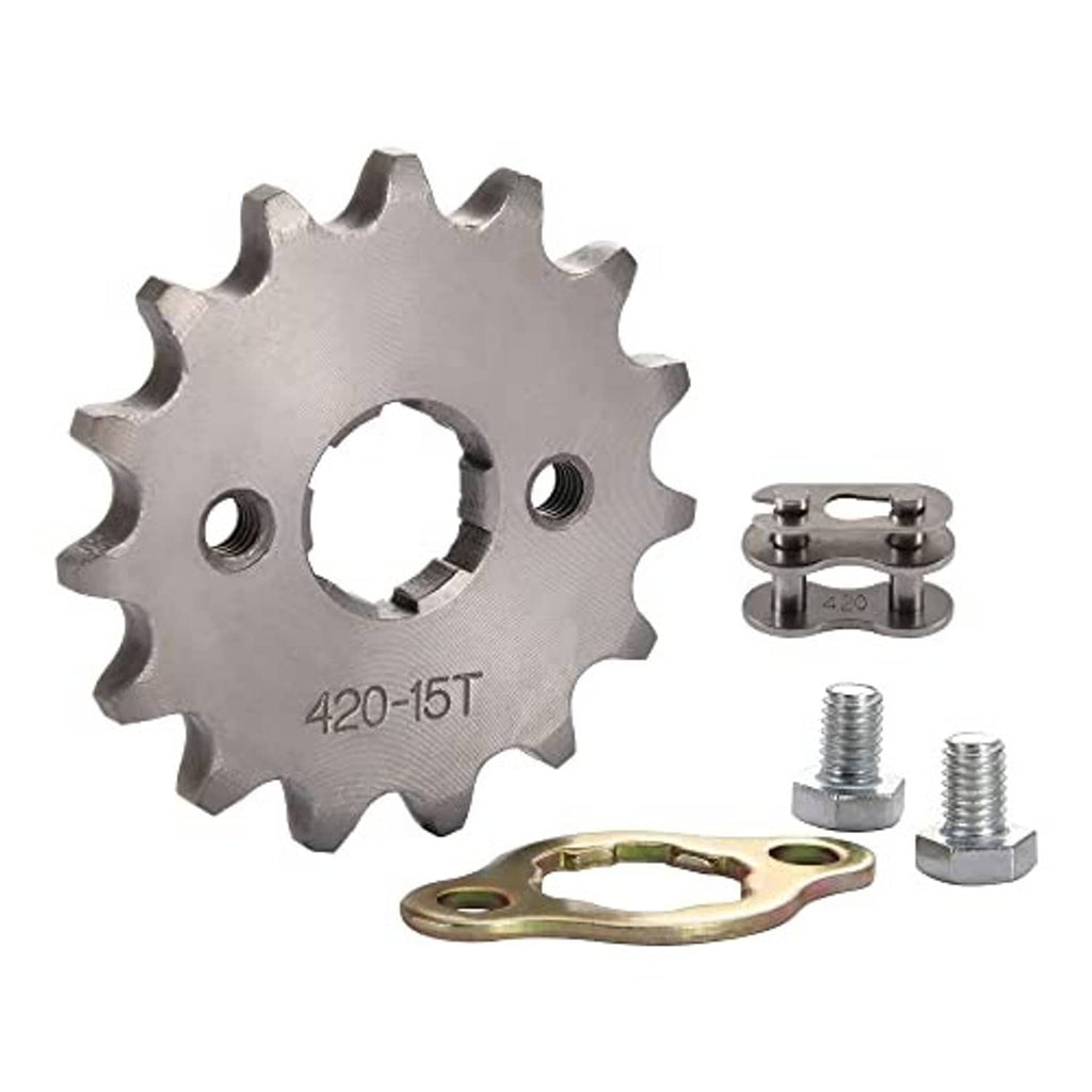 Front motorcycle sprocket set, 420-15T marking, includes sprocket, chain clip, and mounting bolts