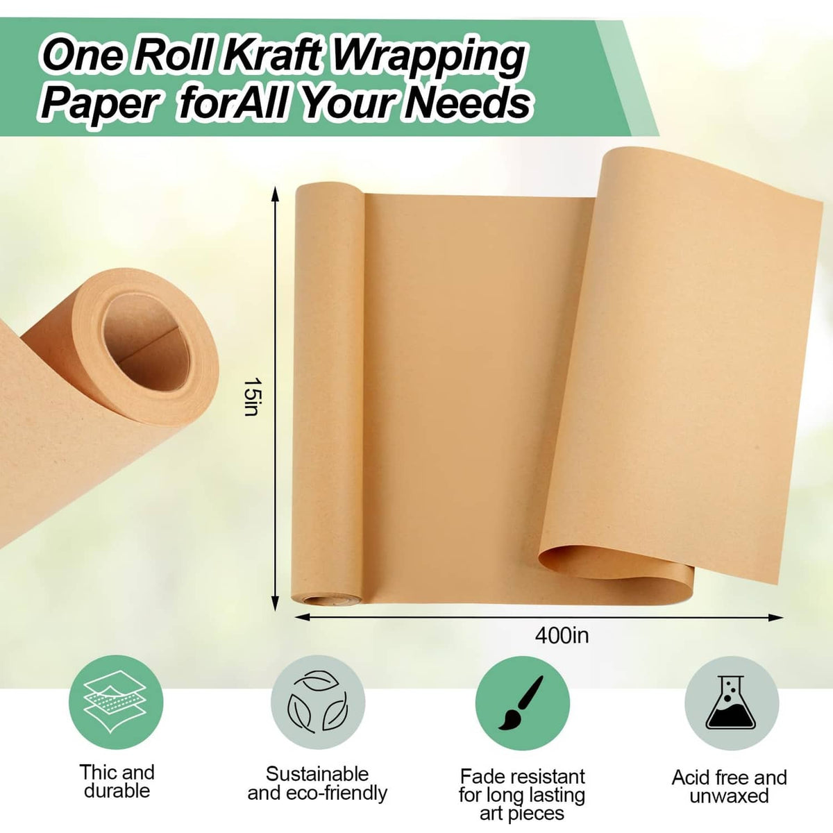 Brown kraft wrapping paper roll with dimensions, unrolled sheet