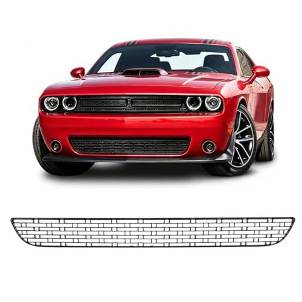Long front bumper lower grille insert, black brick-mesh pattern with silver border