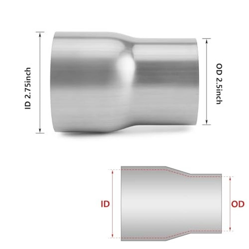 Exhaust adapter reducer size diagram: 2.75 in OD to 2.5 in ID