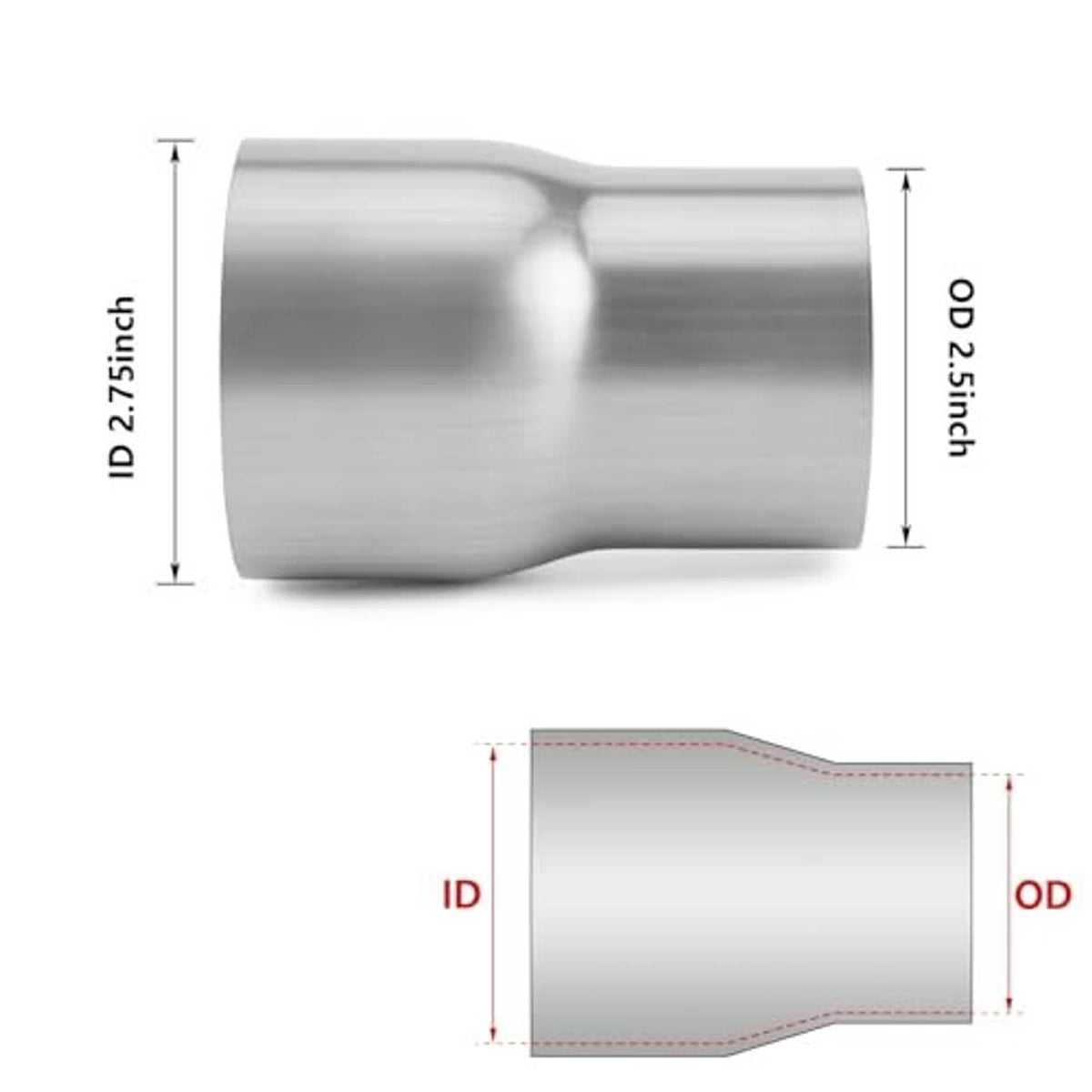 Exhaust adapter reducer size diagram: 2.75 in OD to 2.5 in ID