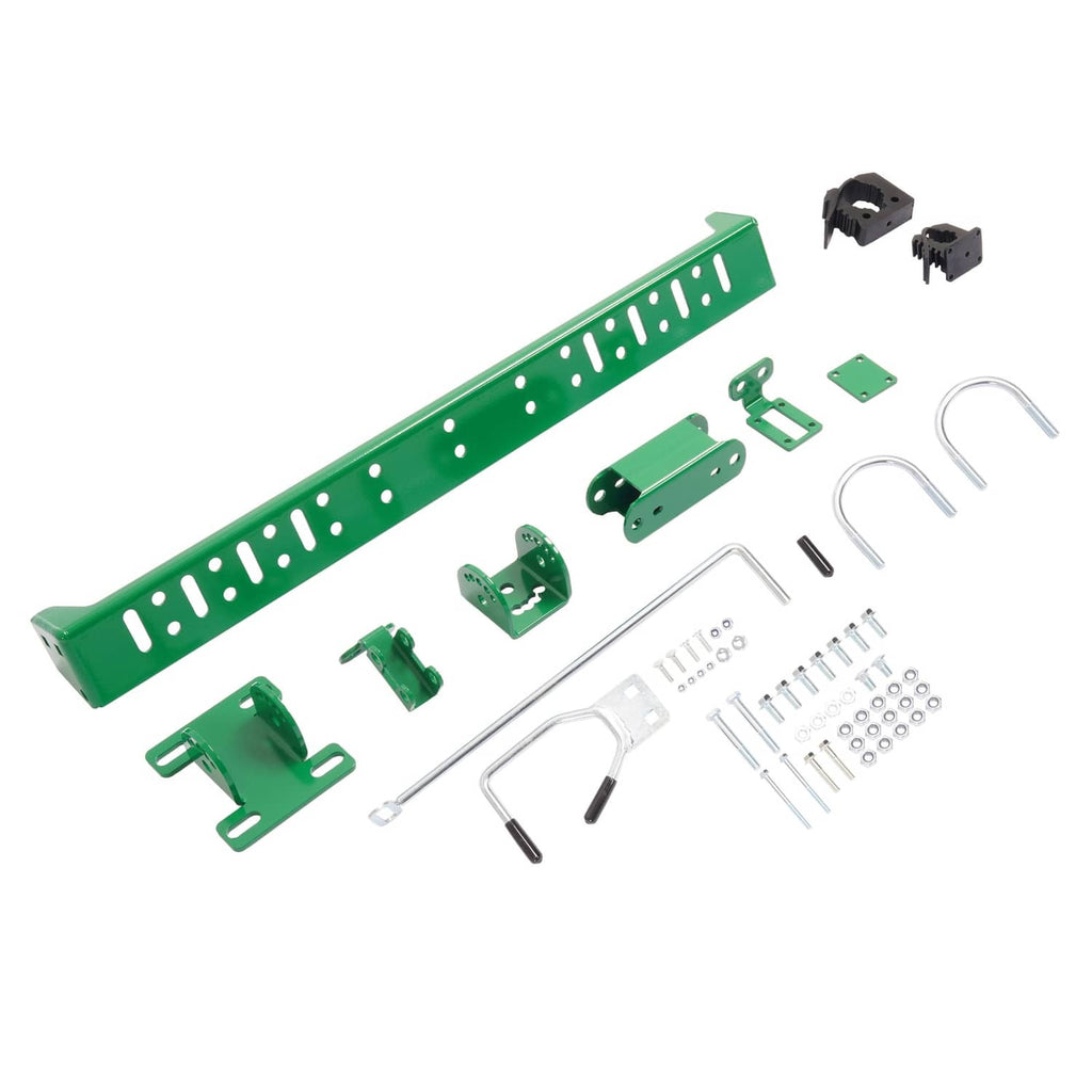Green trimmer holder rack and hardware kit with bolts, pins, and brackets