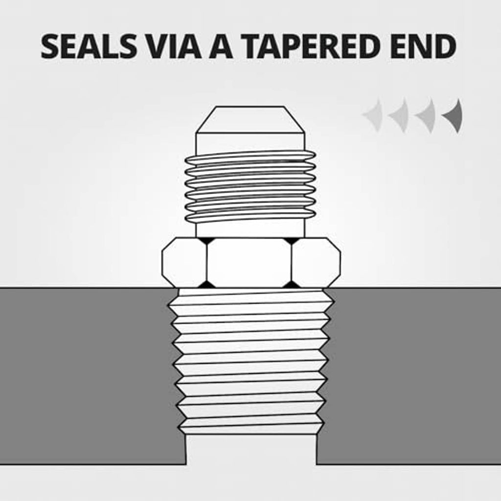 Flare adapter with tapered end seal area and threaded male connection in blue