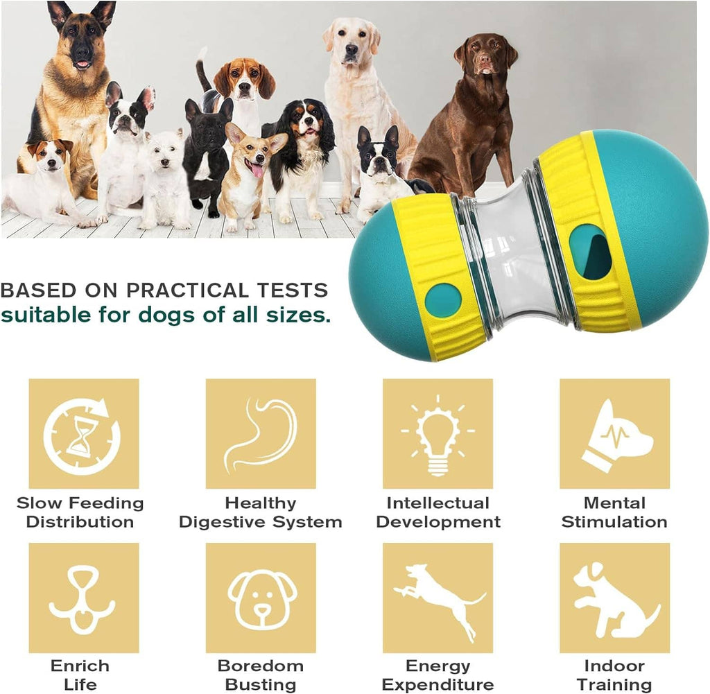 Yellow and teal treat dispensing dog puzzle ball with clear drum, shown with multiple dogs