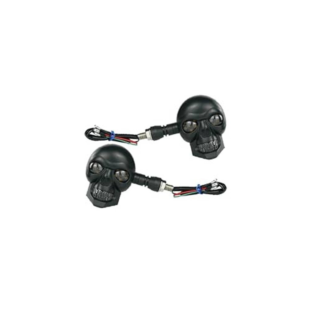 Set of two black skull motorcycle turn signals with wiring harness and mounting stems