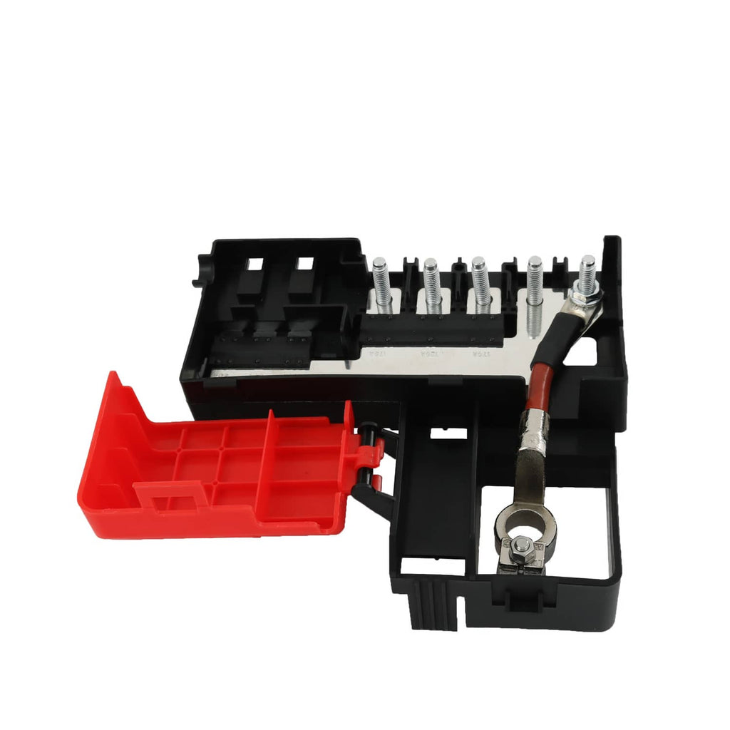 Battery fuse block with black housing and red cover, with metal terminals and screws