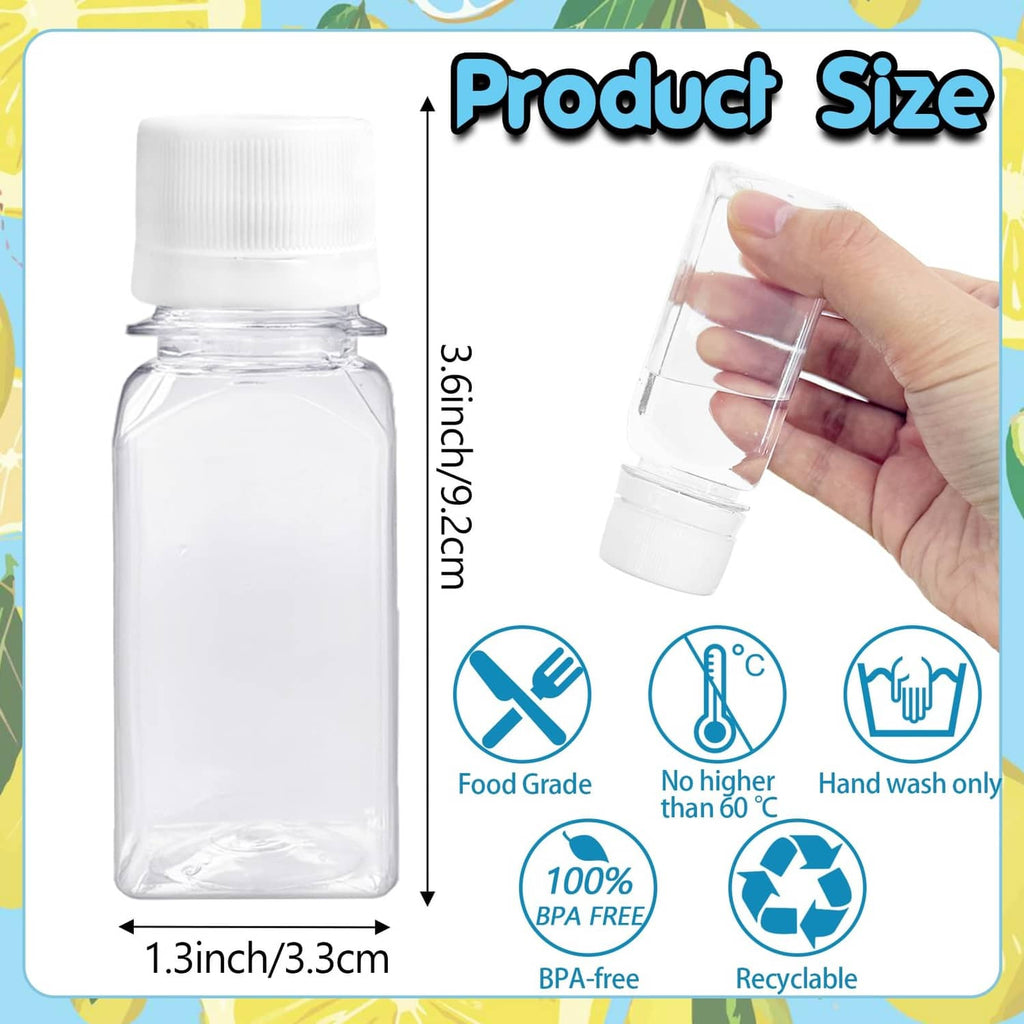 Clear 2 oz mini plastic juice bottle with white cap, size and BPA-free icons
