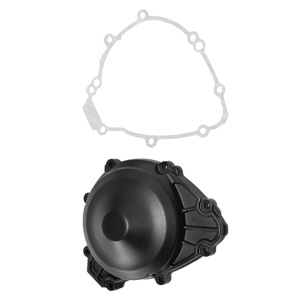 Left side engine crankcase stator cover with matching gasket, black finish