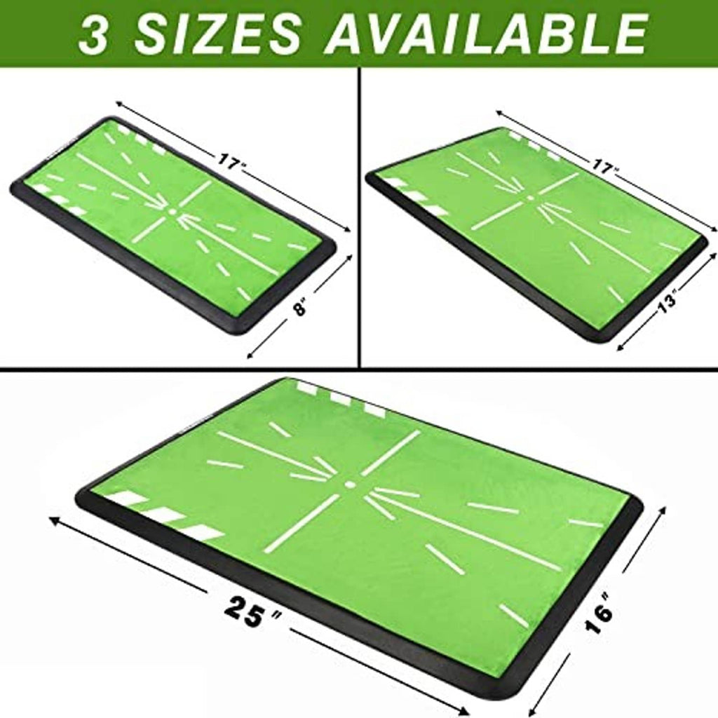 Green golf hitting mat with white guide lines shown in multiple sizes on black edging