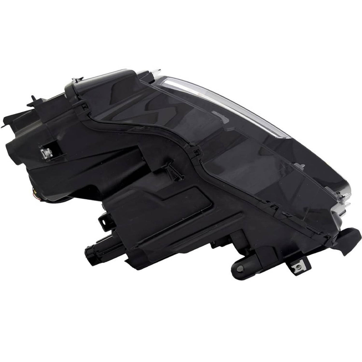 LED headlight housing with clear lens insert and black mounting brackets.