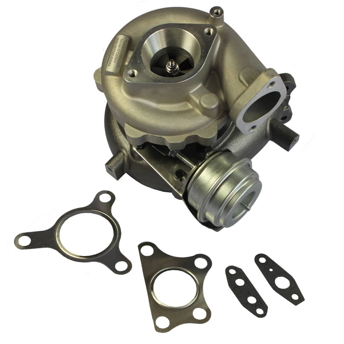 Turbocharger assembly with cast housing, outlet canister, and gasket parts