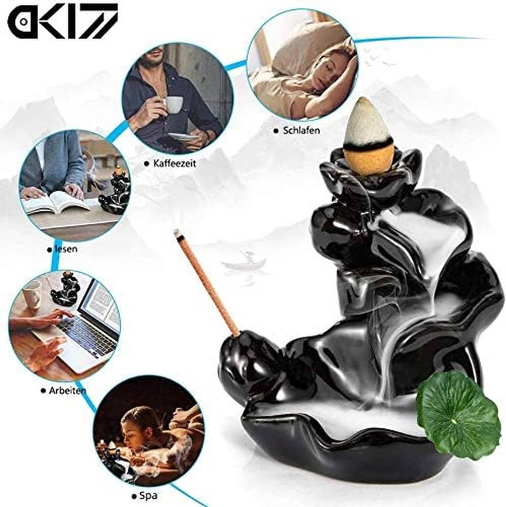 Black ceramic backflow incense holder with seated waterfall design and cone tray