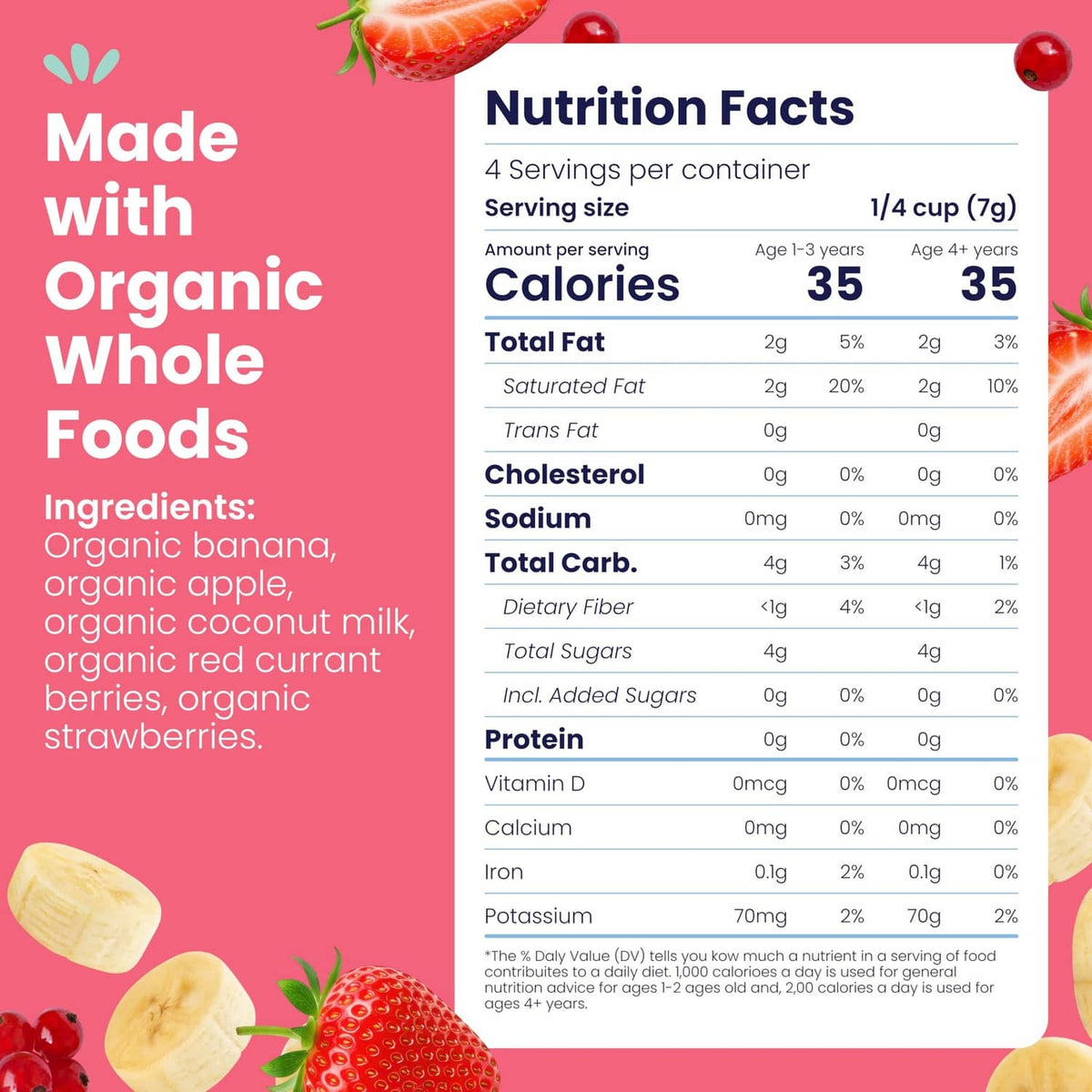 Organic smoothie melts pouch, nutrition facts for 1/4 cup serving.