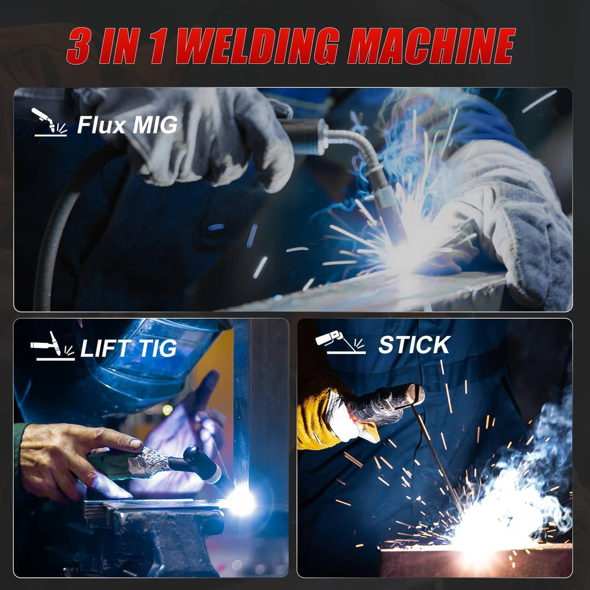 3-in-1 MIG welder showing Flux MIG, Lift TIG, and Stick welding functions