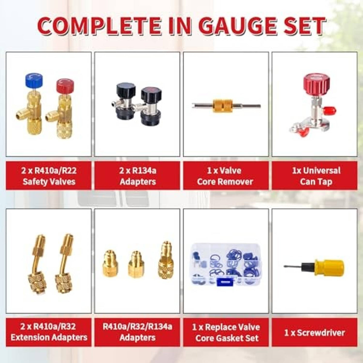 HVAC manifold gauge set accessories kit with gauges, valves, hoses, adapters, and case