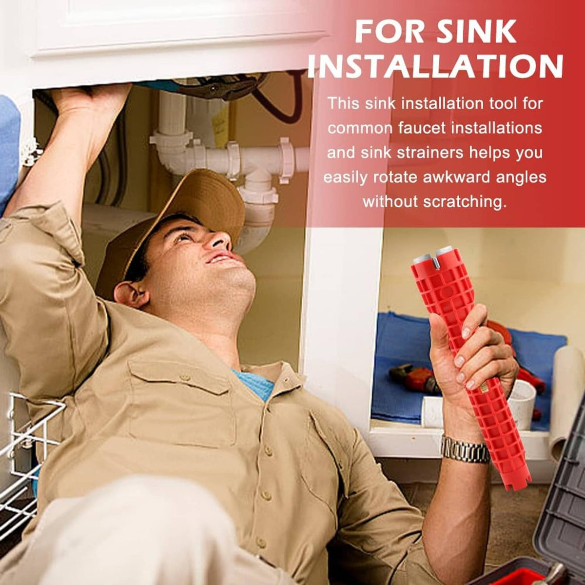 Red 14-in-1 sink installation wrench for faucet and strainer fitting