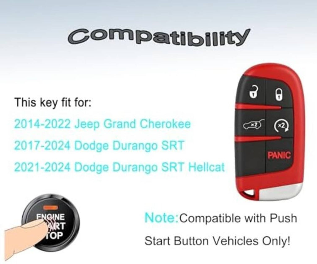 Red and black remote key fob shown alongside a compatibility information page