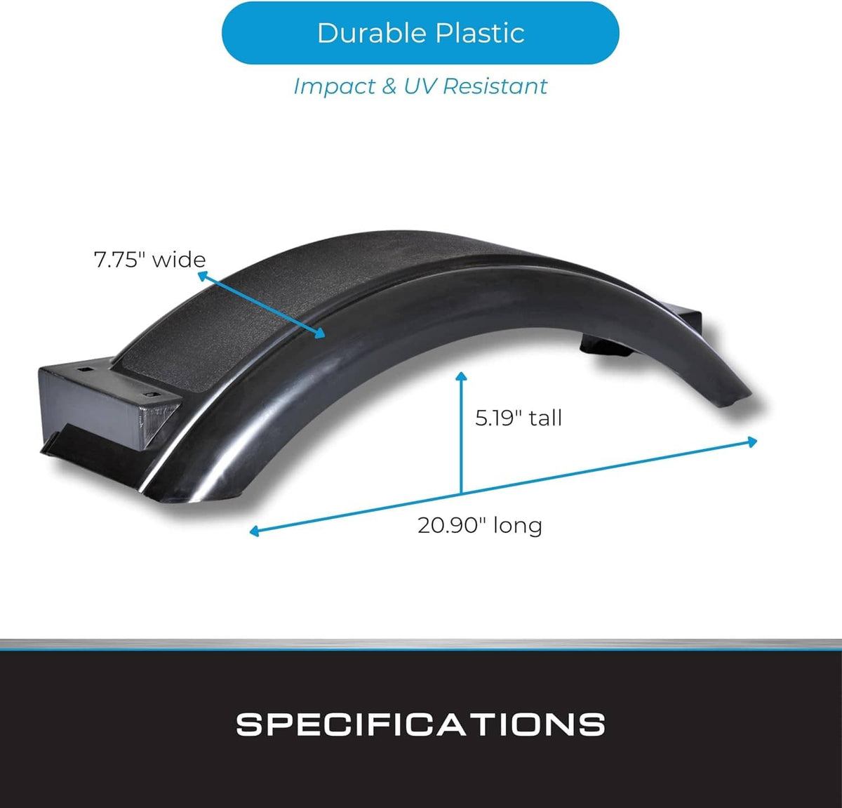 Black plastic trailer fender with mounting tab, curved guard, and flared ends