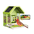 Green metal smart bird feeder with camera, feeding tray and red bird at base