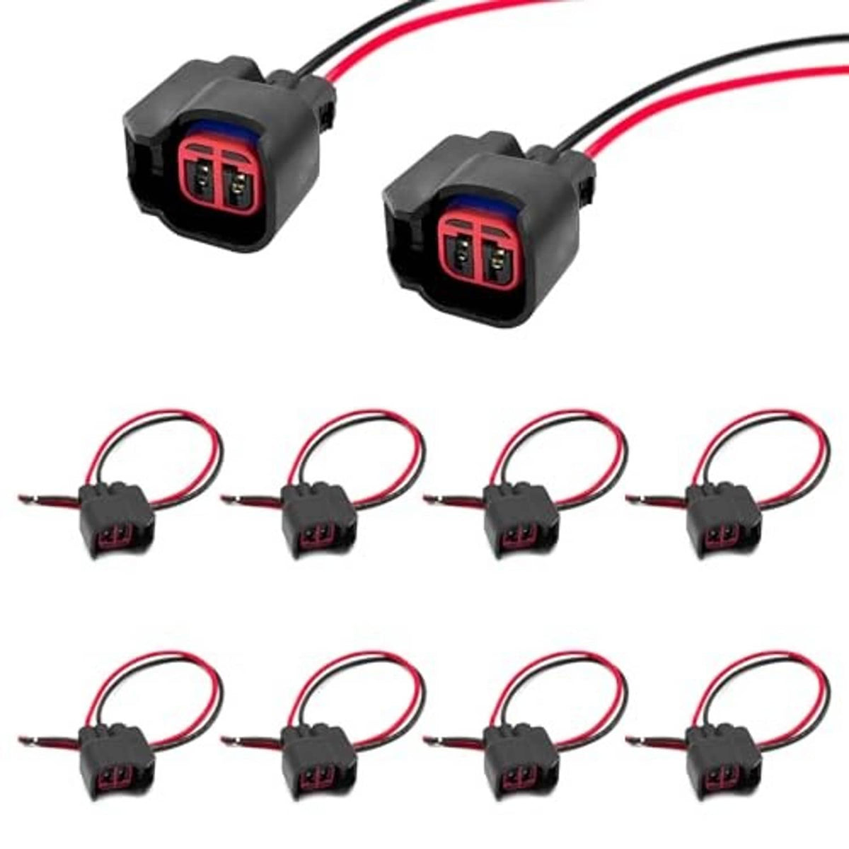 Pair of black fuel injector connector plugs with red/blue inserts and red wire pigtails