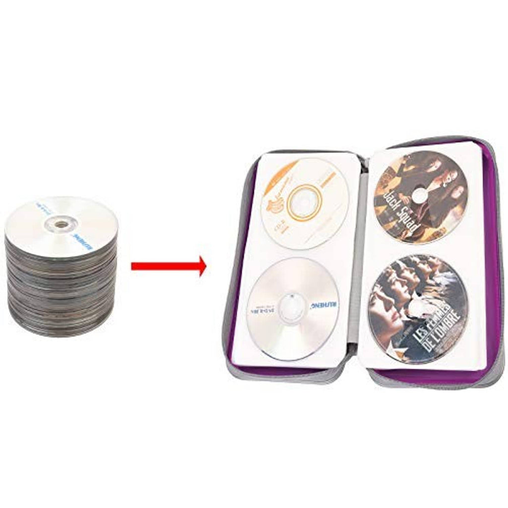 Purple hard plastic CD case with several discs; open case shows discs inside