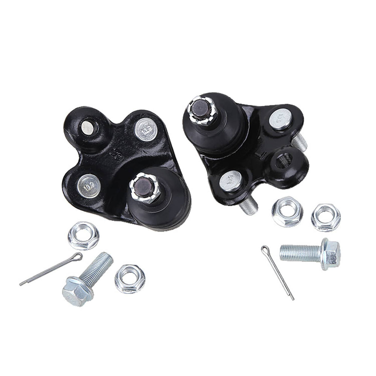 Front suspension ball joint kit parts: black brackets, washers, and mounting hardware