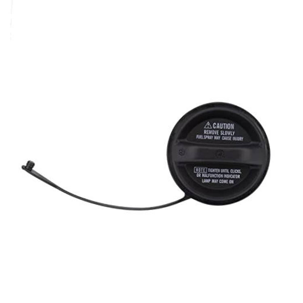 Black fuel tank filler cap with attached vent hose and caution label