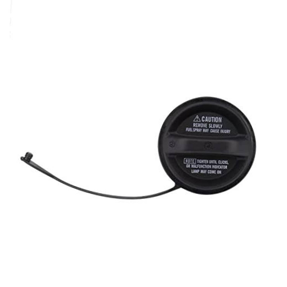 Black fuel tank filler cap with attached vent hose and caution label