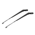 Pair of black front windshield wiper arms with long blades and mounting hooks