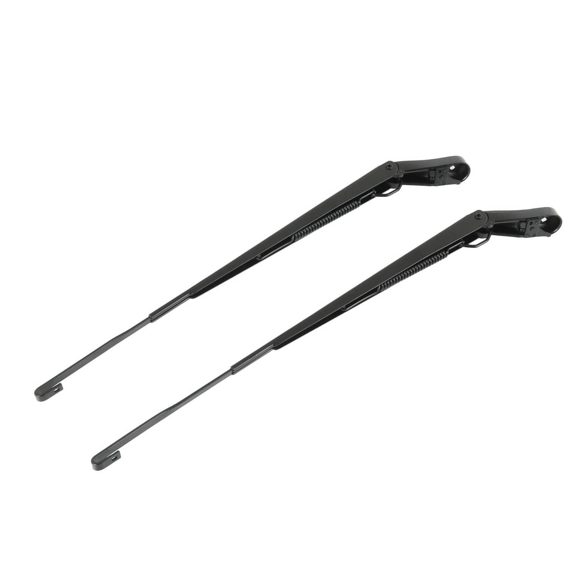 Pair of black front windshield wiper arms with long blades and mounting hooks