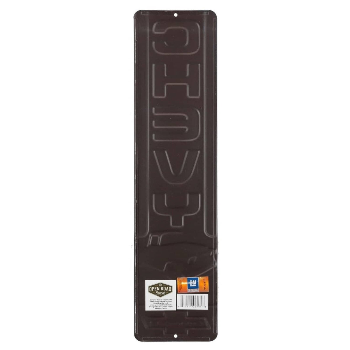 Chevrolet vintage embossed metal wall sign, back side with mounting holes and label.
