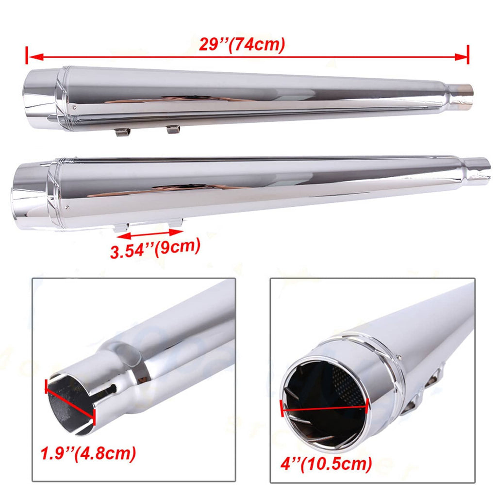Chrome muffler pair with labeled dimensions, including 4-inch outlet and 29-inch length
