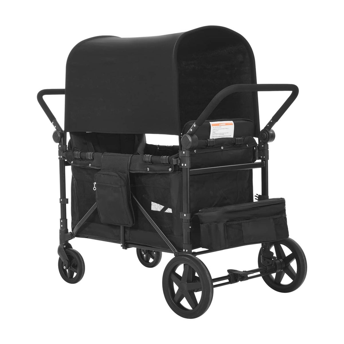 Black 4-seat wagon stroller with canopy and front seat compartments, side view