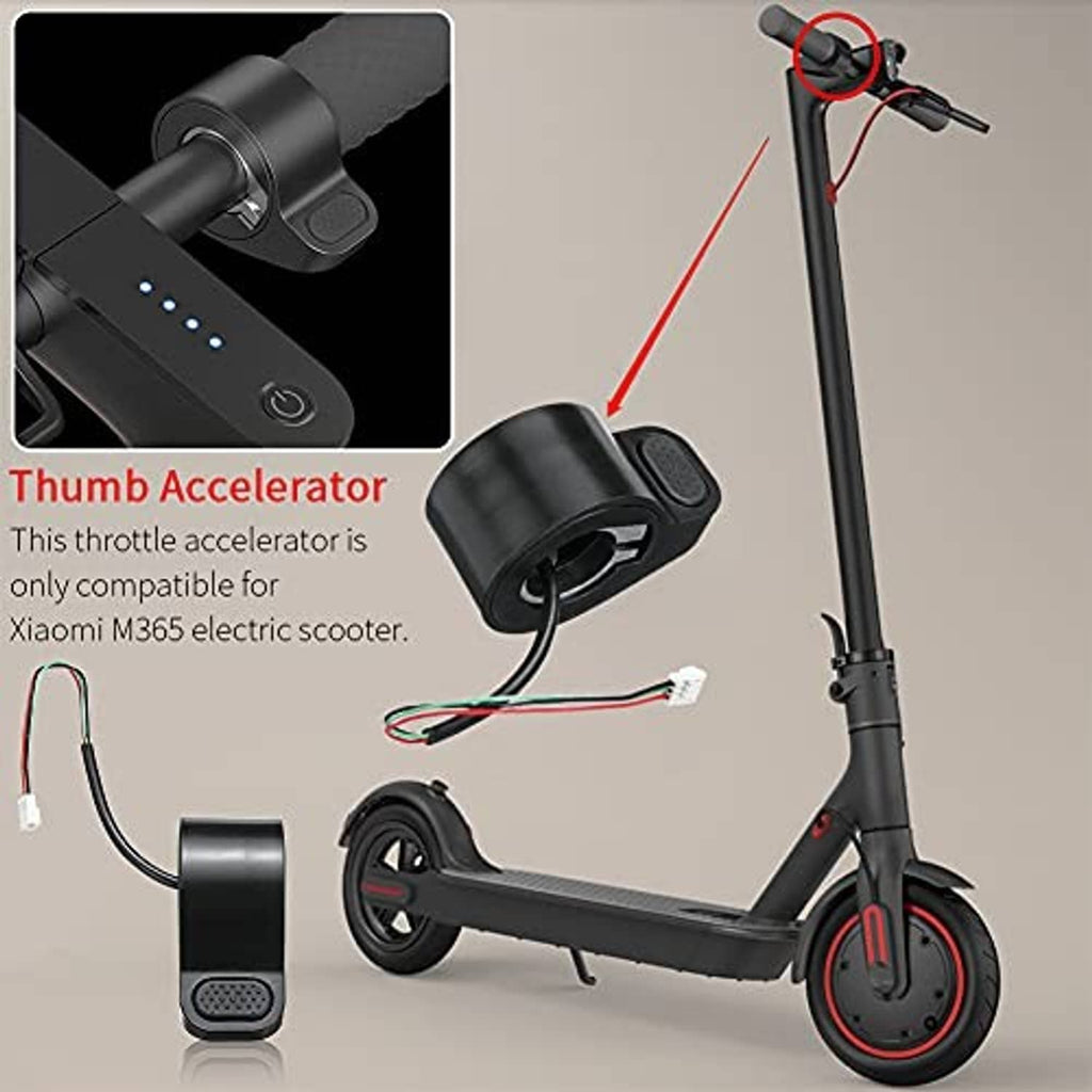 Black thumb accelerator mounted on scooter handlebar near textured grip